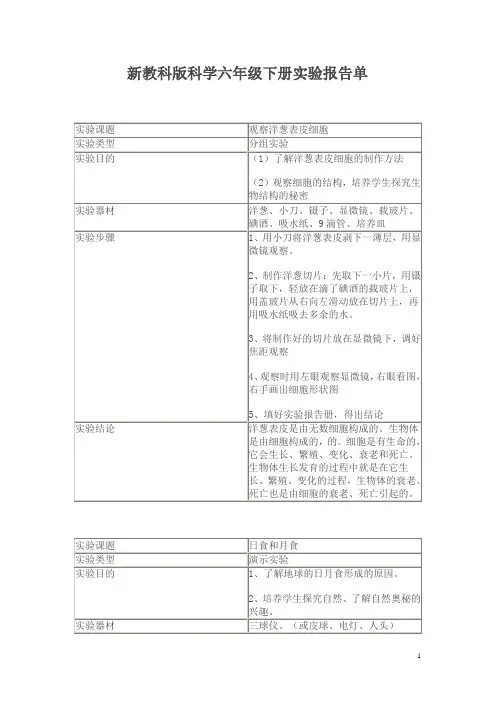 新教科版科学六年级下册实验报告单