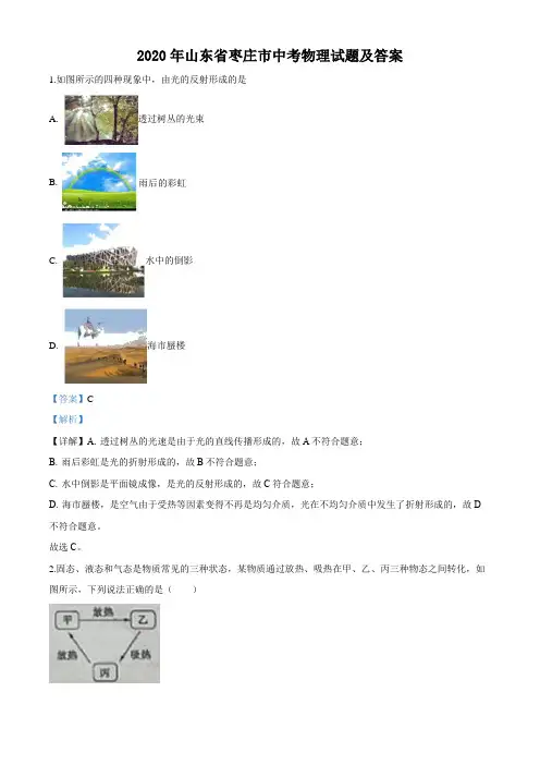 2020年山东省枣庄市中考物理试题及答案解析