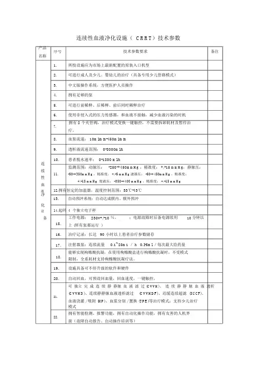 连续性血液净化设备CRRT技术参数