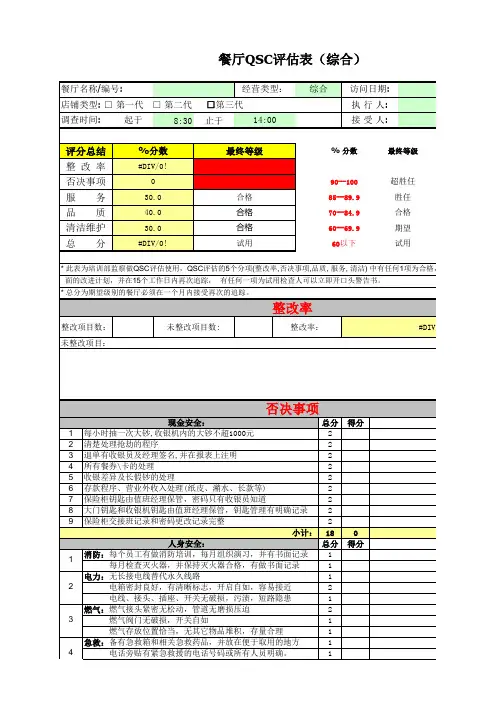 餐厅质量服务清洁QSC评估表