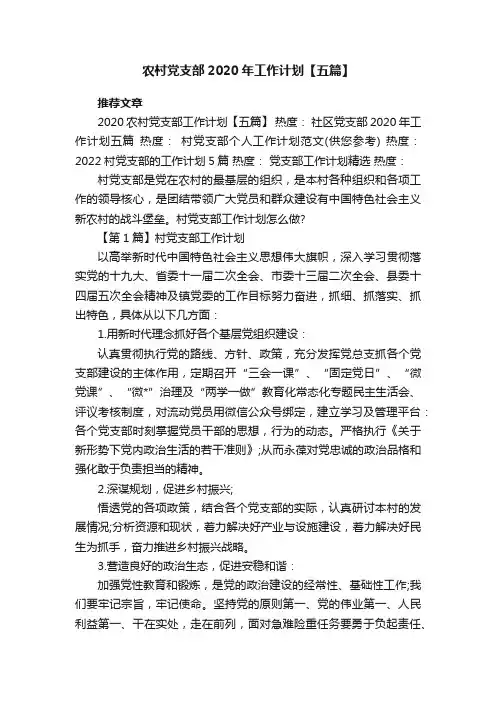 农村党支部2020年工作计划【五篇】