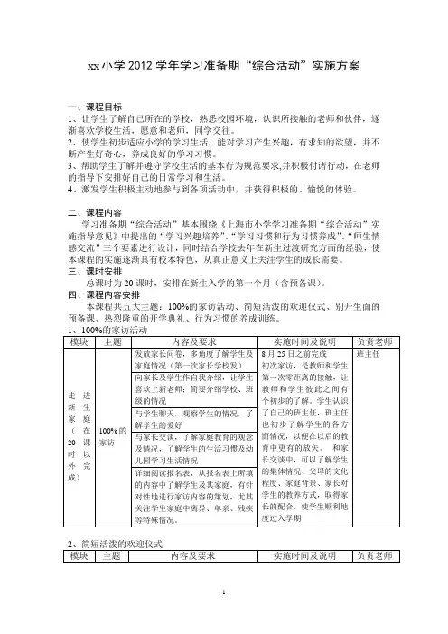 2012学年一年级学习准备期“综合活动”实施方案