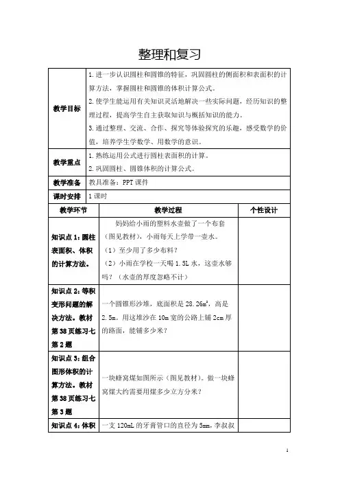 人教版六年级下册《圆柱与圆锥：整理和复习》教学设计及反思