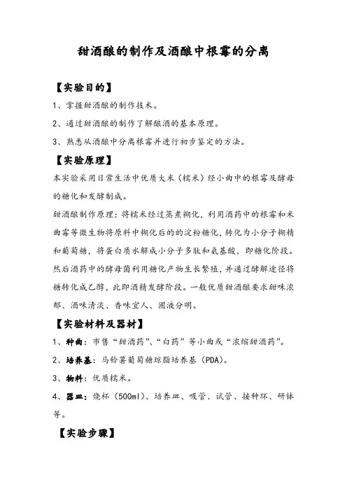 甜酒酿的制作及酒药中根霉的分离