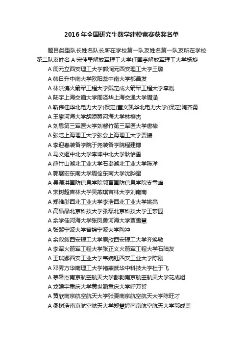 2016年全国研究生数学建模竞赛获奖名单