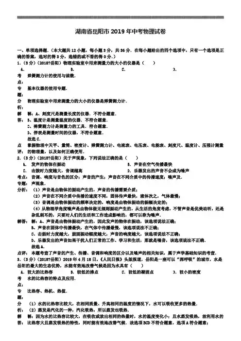 湖南省岳阳市中考物理试题版,含解析