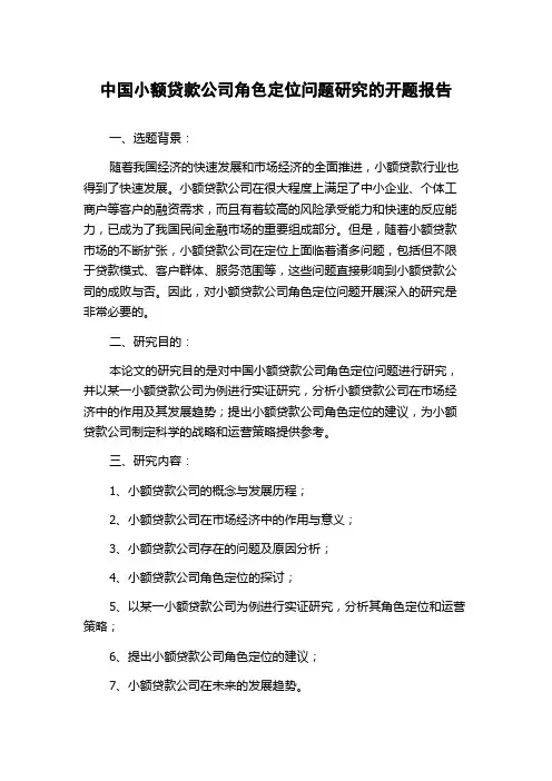 中国小额贷款公司角色定位问题研究的开题报告