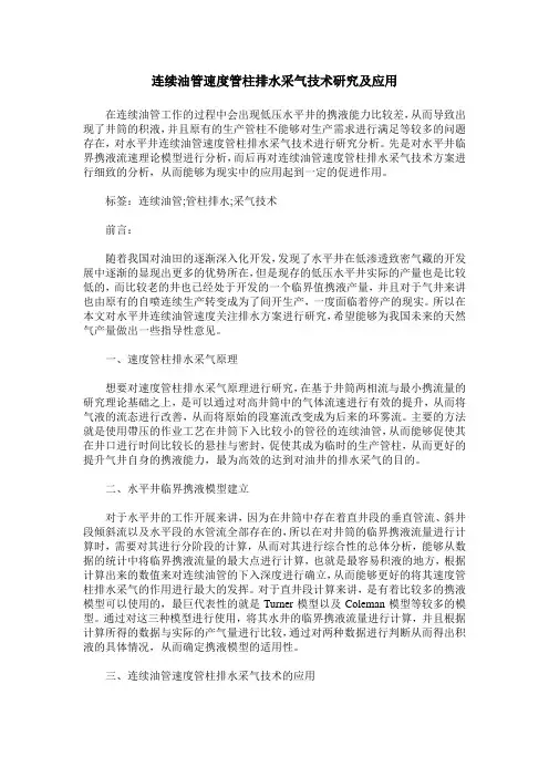 连续油管速度管柱排水采气技术研究及应用