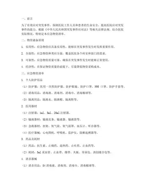 医院应急预案应急物资清单