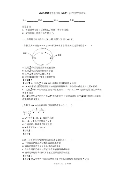 2023-2024学年高中生物浙科版(2019)必修1第三章 细胞的代谢单元测试(含答案解析)