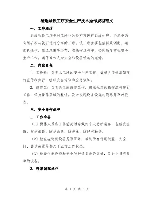 磁选除铁工序安全生产技术操作规程范文