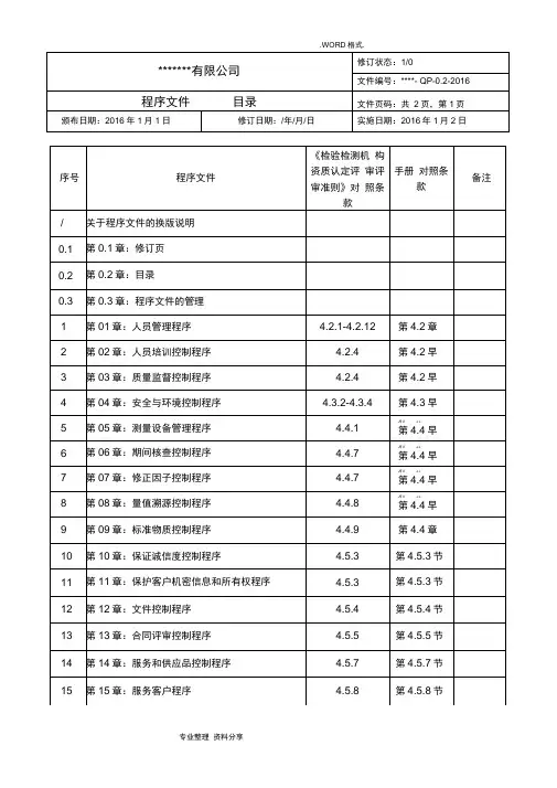 某检验检测机构质量管理体系程序文件2017年新版