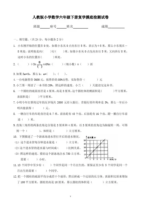 人教版小学数学六年级下册复学摸底检测试卷停课不停学业测试卷