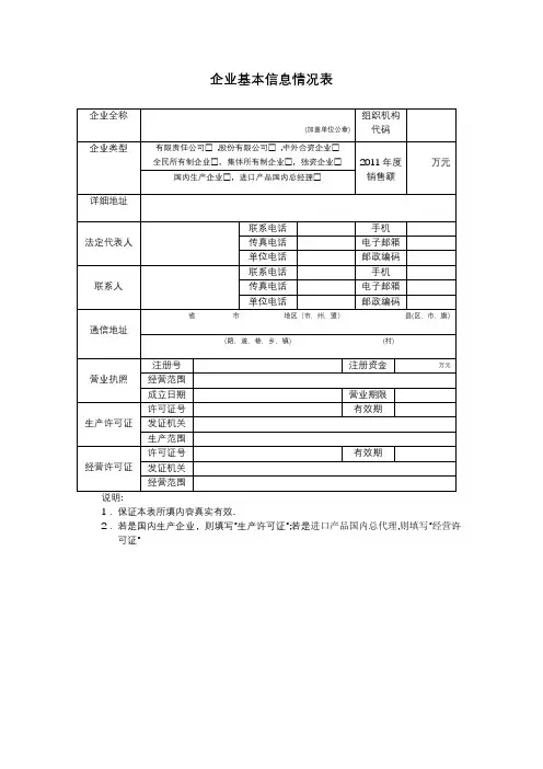 企业基本信息情况表【范本模板】
