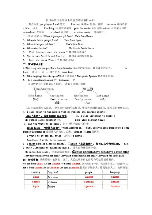 新目标英语七年级下册重点难点解析unit1