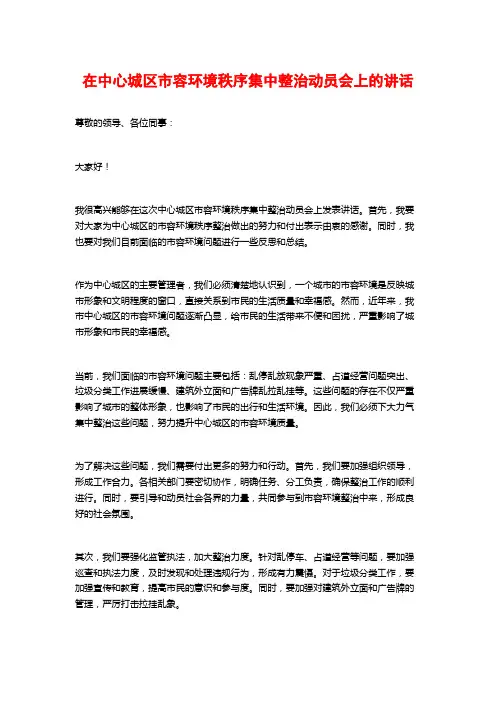 在中心城区市容环境秩序集中整治动员会上的讲话
