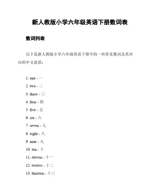 新人教版小学六年级英语下册数词表