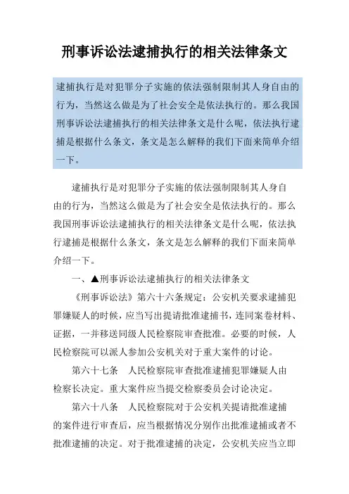 刑事诉讼法逮捕执行的相关法律条文