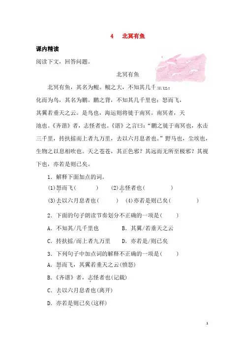 2020人教版八年级语文下册文言文阅读训练专题《北冥有鱼》含答案