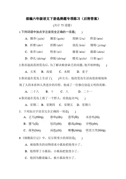 【部编版六年级下册语文】选择题 专项复习练习(附答案)共75道题