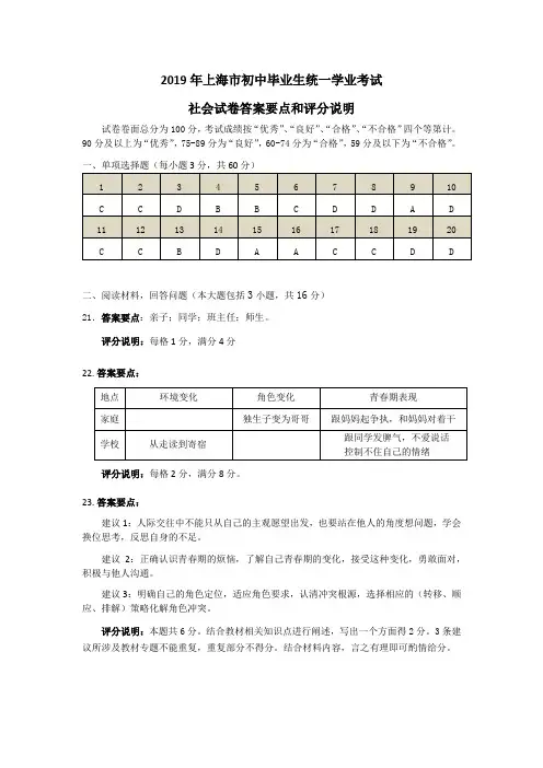 2019年上海市社会学科初中毕业生统一学业考试(参考答案)(1)