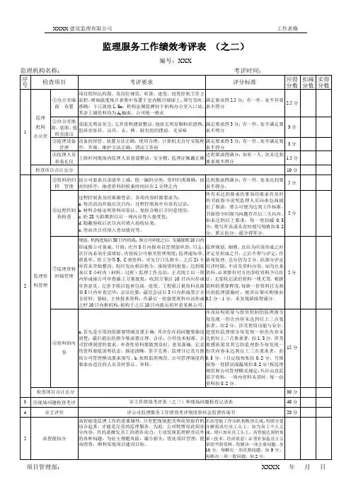 监理常用表格：监理服务工作绩效考评表 (之二)(word)