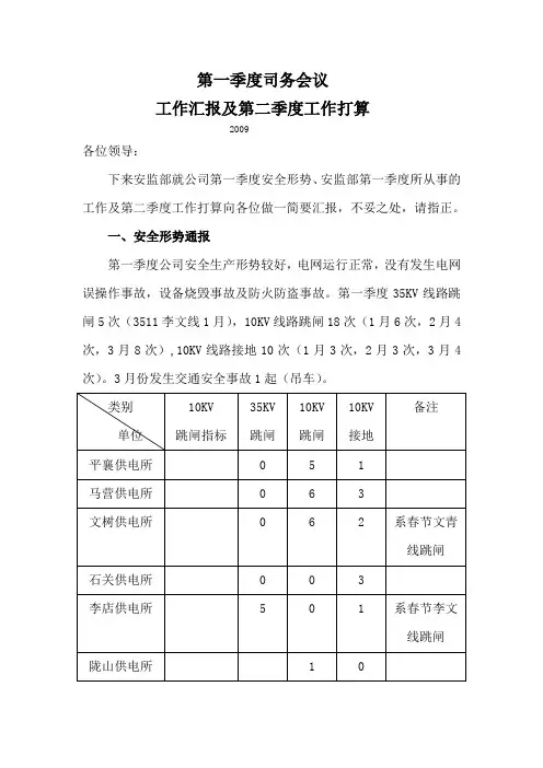 09年第一季度司务会议工作汇报