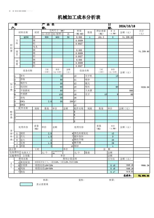 机械加工初步报价自动计算(含各种工时费)全