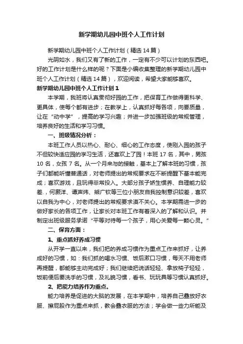 新学期幼儿园中班个人工作计划（精选14篇）
