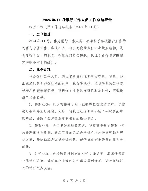2024年11月银行工作人员工作总结报告
