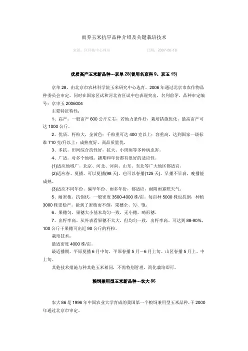雨养玉米抗旱品种介绍及关键栽培技术