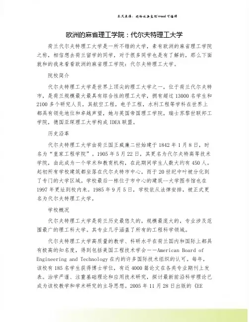 欧洲的麻省理工学院：代尔夫特理工大学