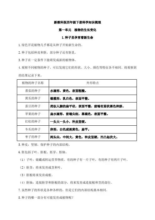 新教科版四年级下册科学第一单元《植物的生长变化》知识点