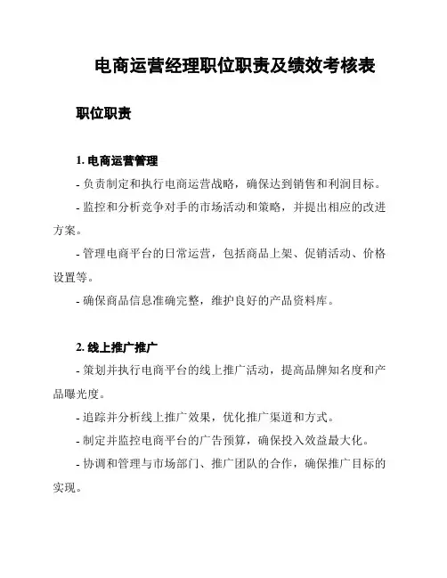 电商运营经理职位职责及绩效考核表