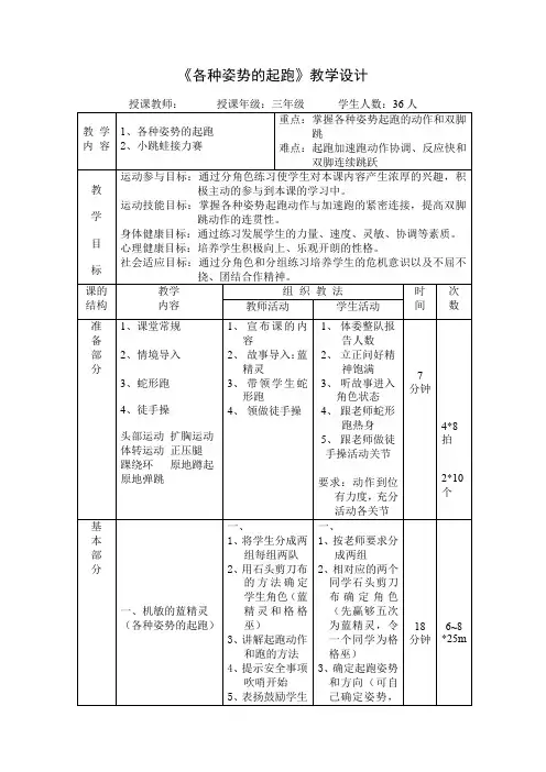 各种姿势的起跑(教案)体育三年级上册-人教版