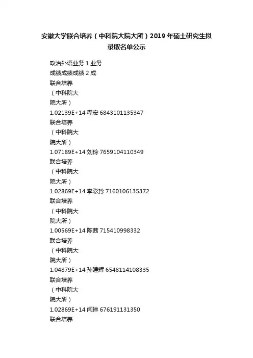 安徽大学联合培养（中科院大院大所）2019年硕士研究生拟录取名单公示