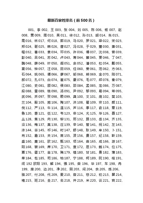 最新百家姓排名（前500名）