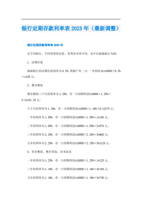 银行定期存款利率表2023年(最新调整)