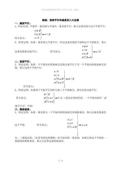 线面、面面平行和垂直的八大定理-平面八大定理