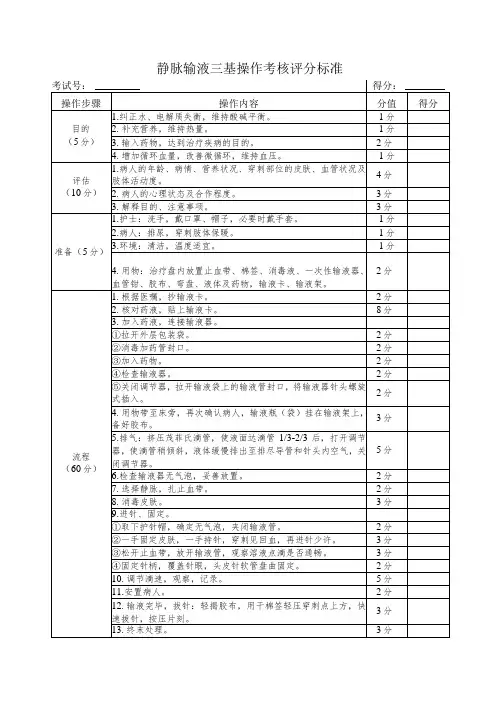 静脉输液三基操作考核评分标准