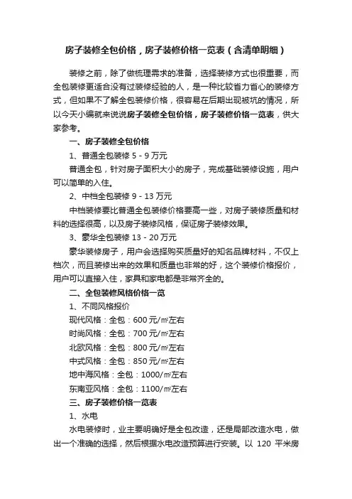 房子装修全包价格，房子装修价格一览表（含清单明细）