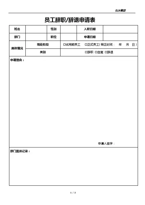 员工辞职、辞退申请表