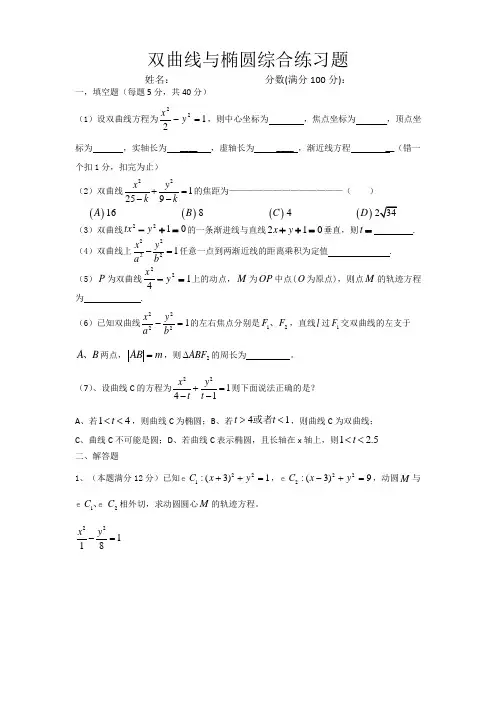 椭圆与双曲线综合练习题1
