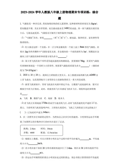 2023-2024学年人教版八年级上册物理期末专项训练：综合题(含答案)