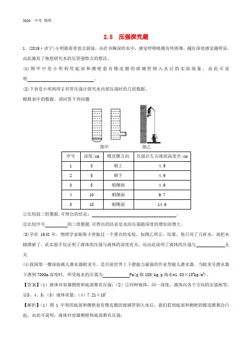 2020中考物理  专题2.5压强探究题(含解析)