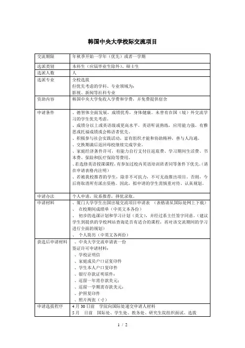 韩国中央大学校际交流项目