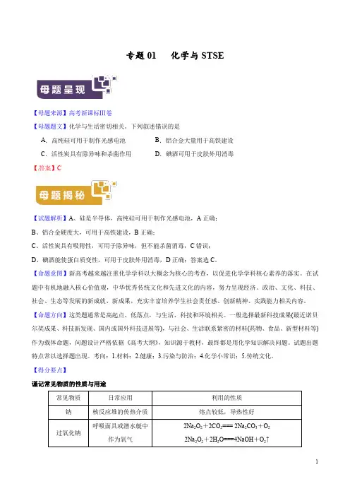 专题01 化学与STSE-高考化学母题题源系列(解析版)