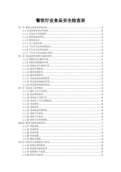 餐饮行业食品安全检查表