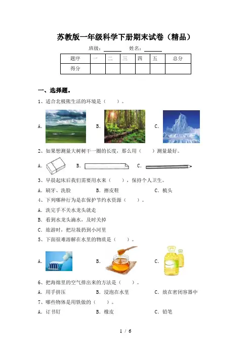 苏教版一年级科学下册期末试卷(精品)