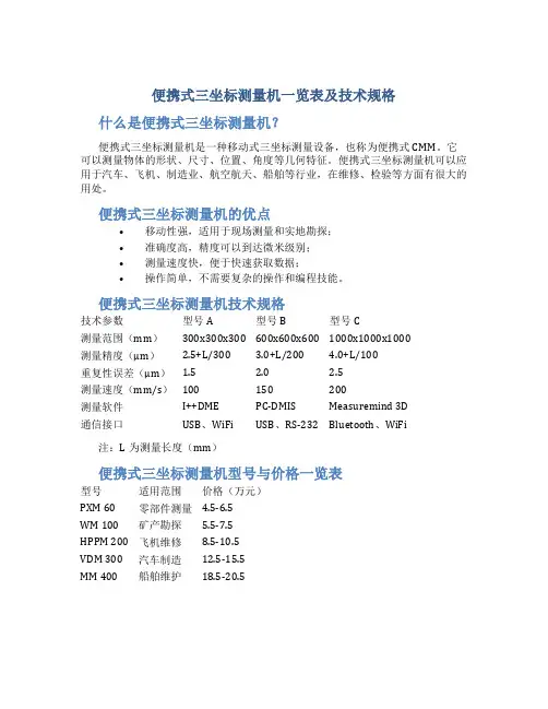 便携式三坐标测量机一览表及技术规格